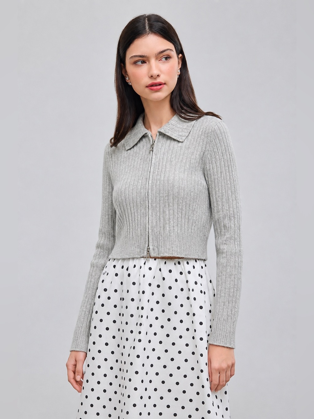 CIDER Gray Ribbed Knit Cropped Zip-Up Cardigan Collared Long Sleeve Top S PG7/19